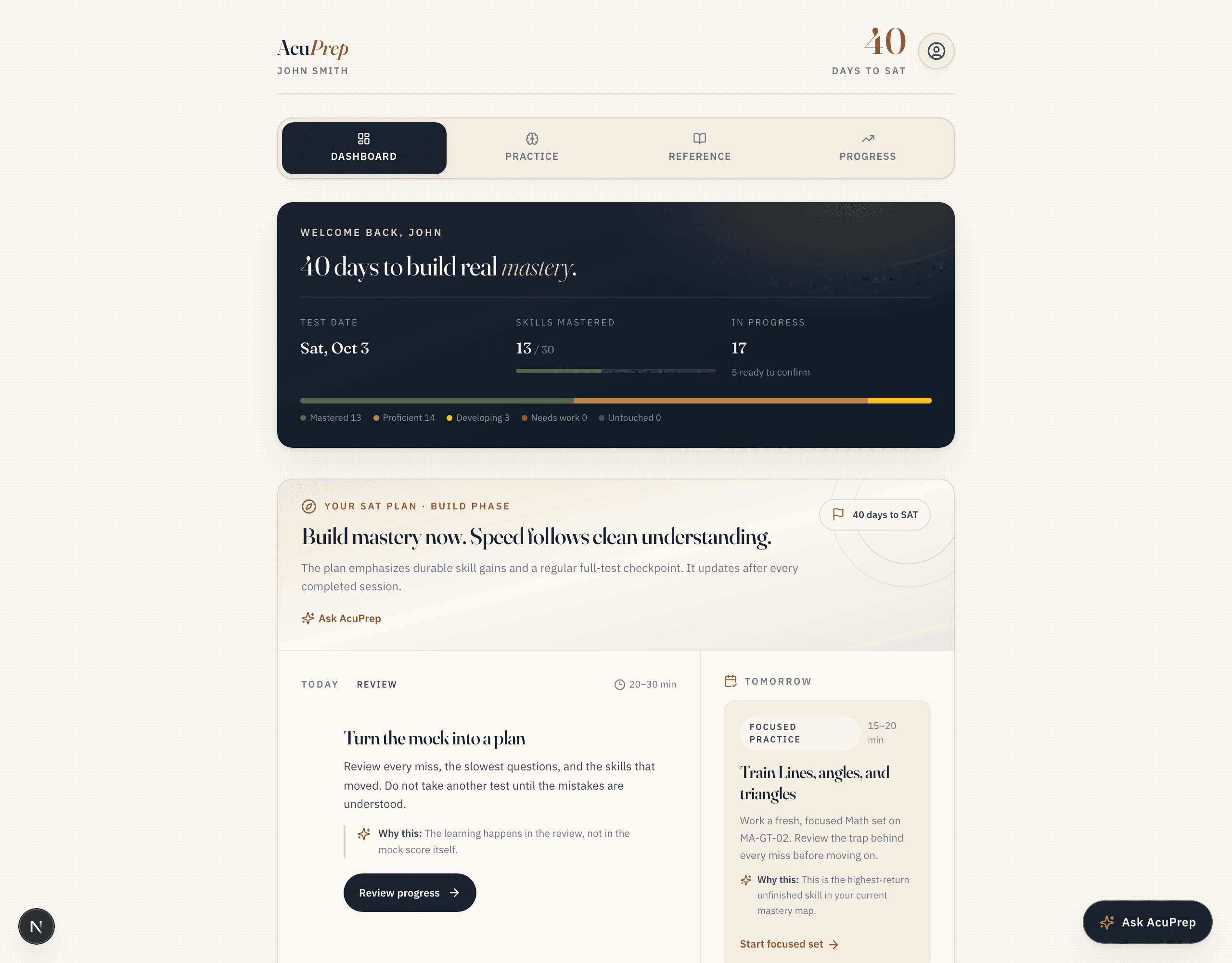 AcuPrep dashboard — mastery summary and a personalized SAT plan